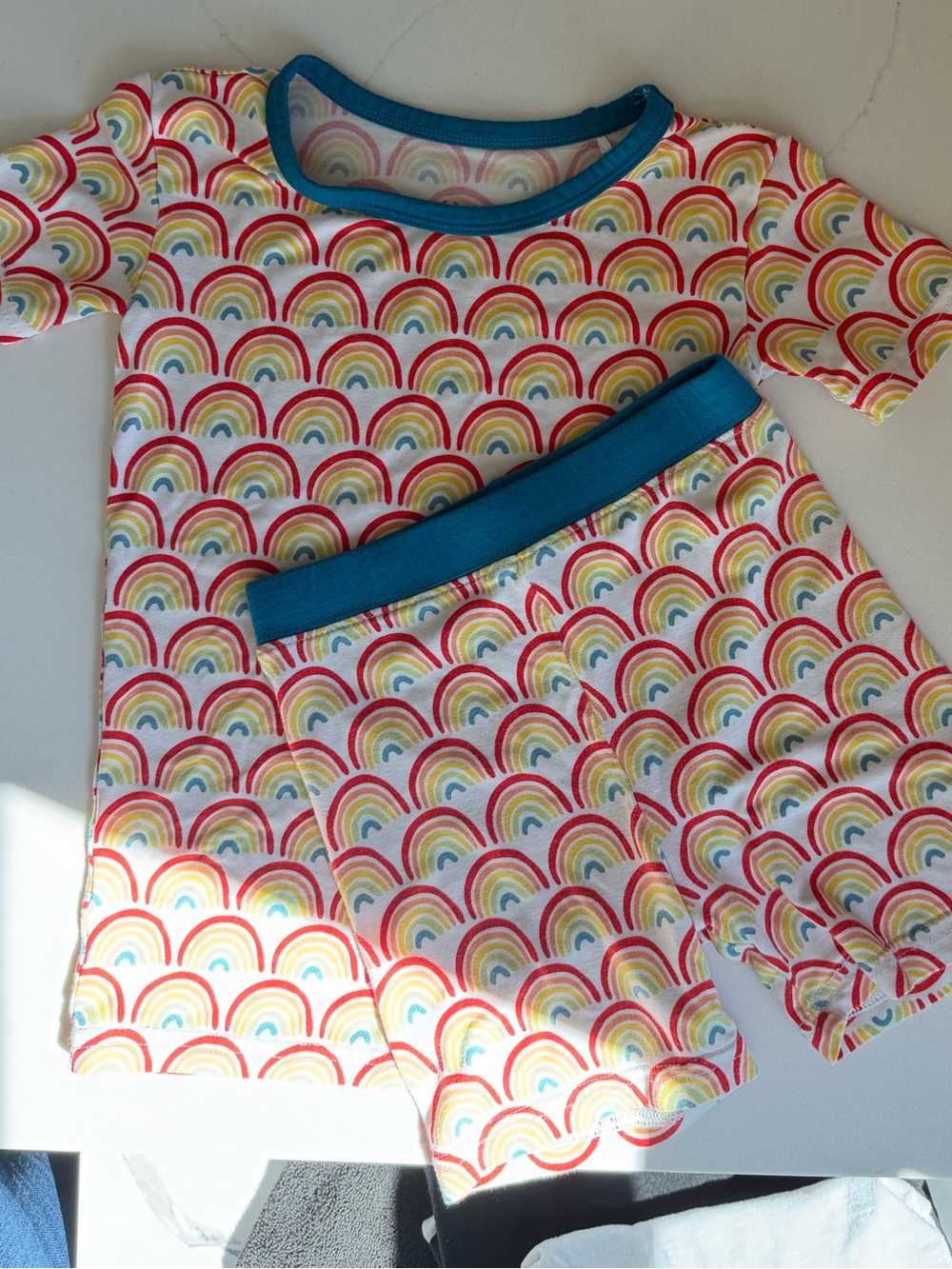 Little Sleepies Rainbow Print Pajama Tee & Shorts Set - Blue Trim 3T